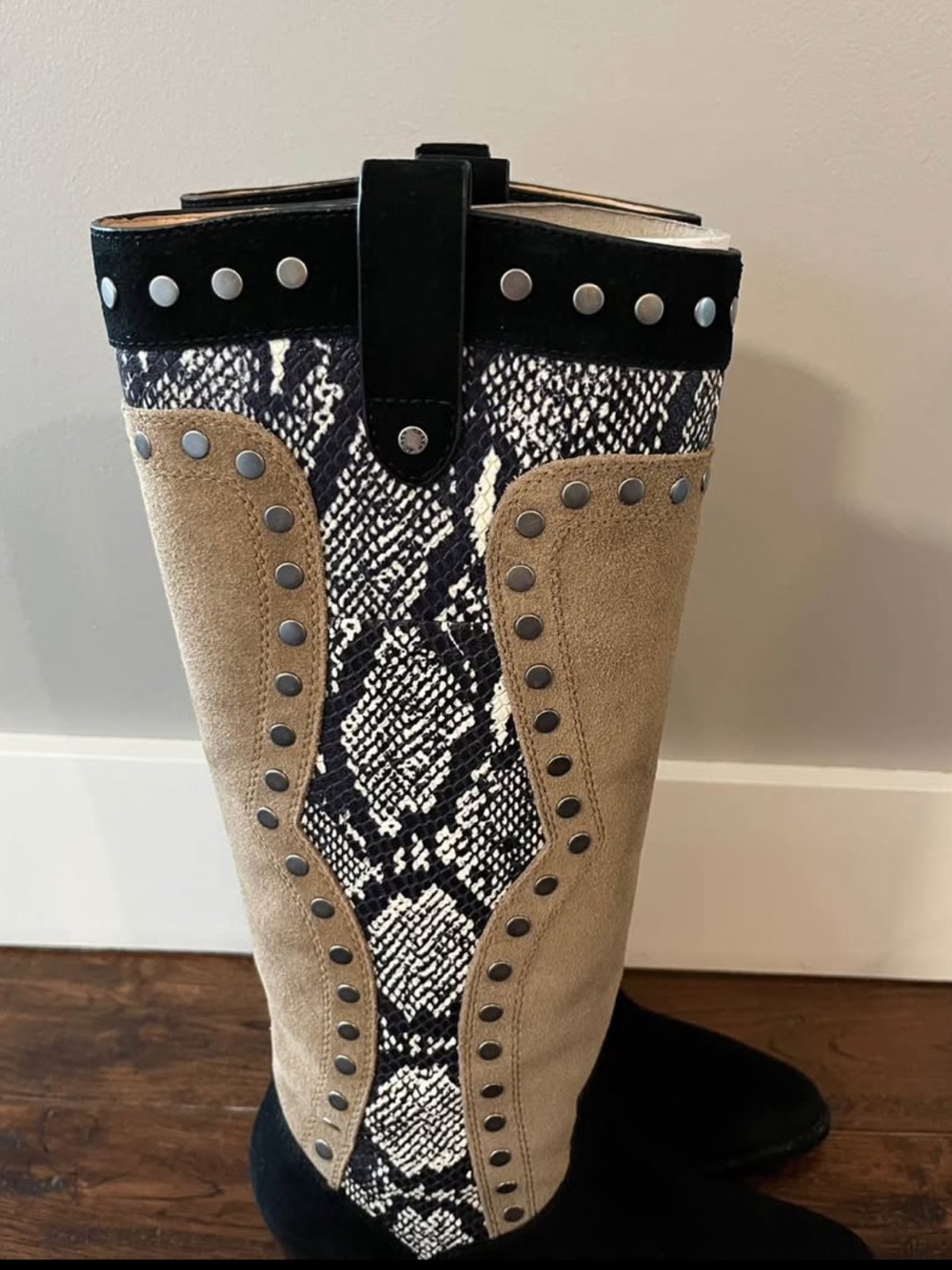 Coach Women's Tan Suede/Black/Snake-Print Western Boots - Picture 5 of 11